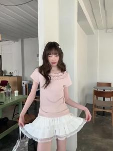 Sweet Off-shoulder Lace Trim Plaid T-shirt
