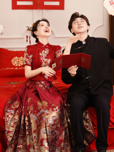 Red Qipao Wedding Dress New Chinese Style Bride Gown Engagement Suit Small Size Womens Traditional Cheongsam Ceremony Dress
