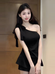 Áo Vest Không Đều Màu Đen Cổ Chéo Ngắn Mùa Hè Thiết Kế Cho Nữ Tay Ngắn Dáng Ôm Cotton Polyester Phong Cách Công Sở Thường Ngày