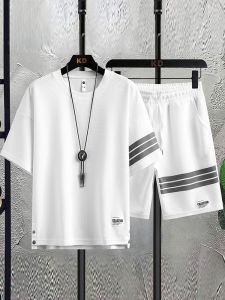 ROMON | Romon Mens Summer Thin Ice Silk Short Sleeve T-Shirt And Shorts Sportswear Casual Two-Piece Set Lightweight Breathable