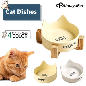 AIMAYAPET Ceramic Bowl Pet Cat Bowl Anti-Slip Heightened Wooden Holder Feeding Bowl Water Feeders Pet Supplies