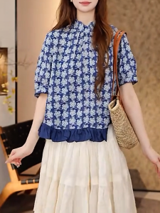 QINGNAER | Vintage Style Big Size Printed Blouse Short Sleeves