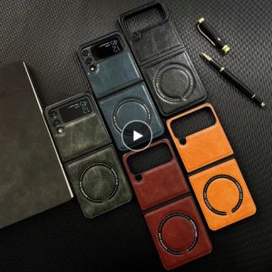 FLOVEME Luxury Business Leather Phone Case For Samsung Galaxy Z Flip 4 Flip 3 Magnetic Wireless Charging Back Cover For Galaxy Z Flip 4 Flip 3