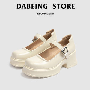 รองเท้าแมรี่เจนพื้นหนาหนังวัวรองเท้าคัทชูส้นสูงแบบหนาสีขาวสไตล์ฝรั่งเศสแบบใหม่2023รองเท้าหนังปากตื้น JK เพิ่มความสูง