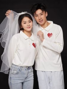 Disoo Marriage Registration Photo Couple Wear Autumn Polo Shirt Long Sleeves Bridal Party Different French Style T-Shirt