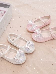 Girls Sweet Princess Crystal Shiny Sequin Soft Bottom Single Shoes Fashionable Childrens Leather Shoes for Ages 3-12