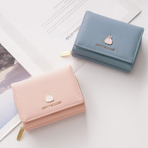 Korean Style Cute Womens Short Wallet Card Holder Buckle Zipper Cartoon Coin Purse for Girl Student