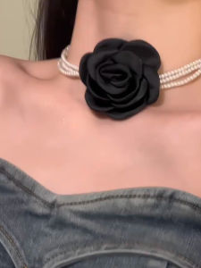 Black Rose Flower Pearl Necklace French Vintage Atmosphere Choker Clavicle Chain Elegance Neck Chain Fashion Jewelry Accessories