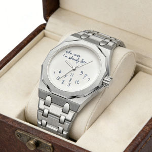 Minimalism Octagon Case Men Watch Stainless Steel Band Waterproof Wristwatch "Who Cares Im Already Late" Fun Slogan Dial Watch