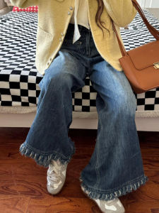 กางเกงยีนส์ทรงหลวมเอวสูงทรงตรงขากว้างสีเข้มสไตล์ย้อนยุคอเมริกันสำหรับผู้หญิง กางเกงขายาวทรงหลวมฤดูใบไม้ร่วง/ฤดูหนาว