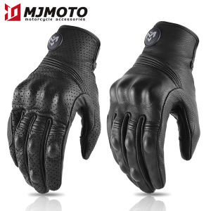 Mens Retro Perforated Leather Motorcycle Gloves Vintage Summer Motorcross Protection Hard Shell Cycling Biker mtb Moto Guantes