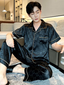 Mens Summer Ice Silk Sleepwear Thin Short Sleeve Long Pants Home Clothes Set Large Size 200 Pounds Black Youth Home Suit