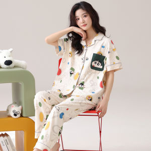 miiow | Pure Cotton Cat Woman Sleepwear Short Sleeve Long Pants Two-Piece Set Outdoor Wearable Open Cardigan Home Clothes High-End Set