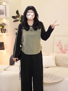 plus Size Womens American Retro Shoulder Insert Long Sleeve T-shirt Autumn Slimming Meat Covering Versatile Casual round Neck Top