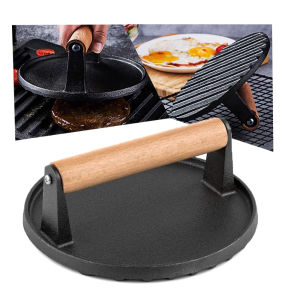 Kitchen Heavy Duty Steak Cast Iron Bacon Press with Wooden Handle