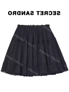 กระโปรงสั้นทรงเอเอวสูงสีดำสไตล์บัลเล่ต์หวานๆ หรูหรา กระโปรงทรงเค้ก กระโปรงสั้นผ้าโพลีเอสเตอร์ 25-29 ปี ฤดูร้อน 2024