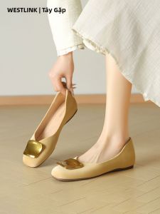 Yellow Low-cut Flat Shoes for Women Square Toe with Metal Buckle