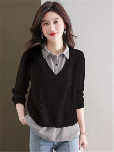 เสื้อสเวตเตอร์คอโปโลหลวมๆ สไตล์เกาหลี สำหรับผู้หญิง ฤดูใบไม้ผลิ 2023 แฟชั่นฤดูใบไม้ร่วง เสื้อชั้นในลายสก็อตสีบล็อก ทรงเข้ารูป เสื้อชั้นในคอโปโล