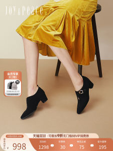 Joy&Peace Cashmere Tiger Eye Stone Buckle Chunky Heel Single Shoes Ankle Boots Womens Fashion Casual Metal Closure Deep Mouth