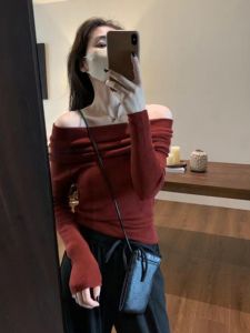 BINKAFENNY | Red One-Shoulder Knitted Sweater Womens Slim Fit Base Layer Shirt Shoulder Exposure Top Korean Style Commute Fashion