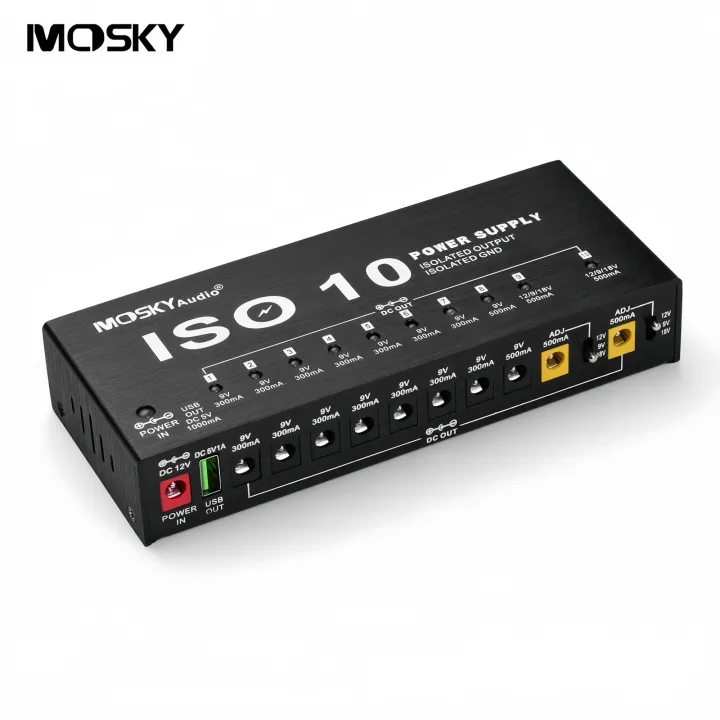 MOSKY ISO-10 Guitar Effect Pedal Power Supply 10 Isolated DC Outputs + 5V USB Port for 9V 12V 18V Pedalboard Accessories Kit