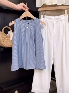 Korean Style High End Feeling Striped Vest Top for Women Summer Loose Lazy Sleeveless Shirt Work Clothing Crewneck Regular Paragraph Length