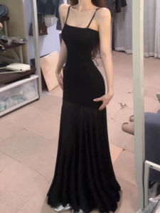 LIRUSHAN | Black Slim Fit Vacation Dress Spaghetti Strap