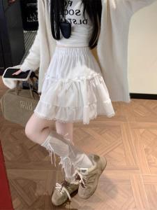 Ballet Style Half Skirt with Butterfly Knot High Waist A-Line Lace Puffy Short White Skirt Womens Sweet Princess Polyester Fiber