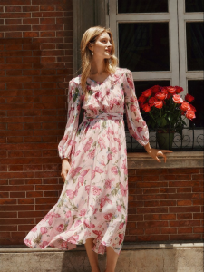 Koradior | French Romantic Resort Style Ruffled V-Neck 100% Silk Dress
