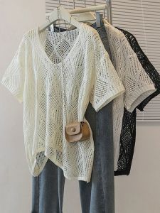 Áo Mỏng Voan Thêu Ren V-neck Tay Ngắn Mùa Hè Dễ Thương