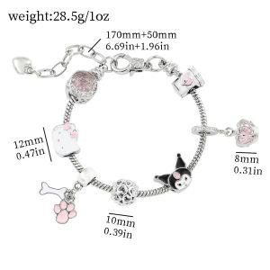 Sanrio | Sanrio Hello Kitty & Kuromi Charm Bracelet Zinc Alloy with Pink Crystal & Paw Print Charms Adjustable Silver Chain