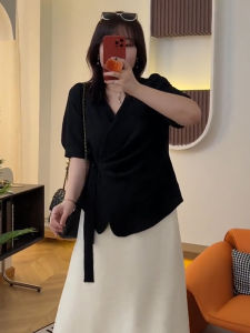 Phong Cách Pháp Cổ Chữ V Thiết Kế Chữ Thập Plus Size Áo Sơ Mi Nữ Slim Fit Giảm Béo Đeo Thường Ngày Tay Ngắn