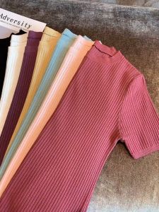 Knitted Blouse Plus Size Trendy Womens Summer Korean Style Casual Round Neck Short-Sleeve T-Shirt