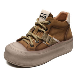 Genuine Leather High Top Womens Boots Thick Bottom Fashionable Cute Big Head Shoes round Toe Rubber Outsole Deep Mouth