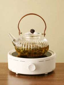 Ấm thủy tinh pha trà quai gỗ có lõi lọc inox 800 ml