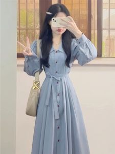 Japanese College Style Plaid Shirt Dress Womens Simple Waist-Cinching Meat- Concealing Belted Long Dress Autumn Season