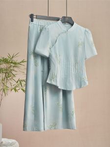 Summer New Chinese Style Womens Outfit Traditional Qipao Modified Top Half Skirt Set