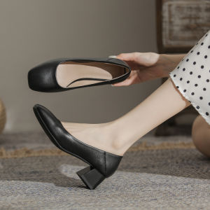 ผู้หญิง รองเท้าส้นสูง หัวมน ปากสั้น ส้นหนา สบาย นุ่ม รองเท้าทํางานด้านล่าง รองเท้าสัมภาษณ์ ฤดูใบไม้ผลิ ฤดูใบไม้ร่วง ฤดูกาล