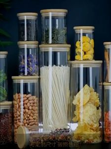 Toples Kaca Bulat Tutup Kayu Kedap Udara Borosilicate Storage Glass Jar