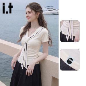 FINGERCROXX | Navy Collar V-Neck Structured Sleeve Slim Summer T-shirt Two-piece Illusion