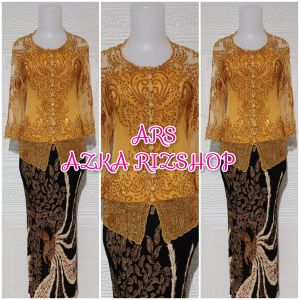 set kebaya pesta kebaya gold lengan 7/8 kerah sunda