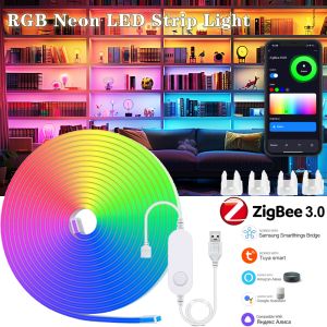 Zigbee3.0 5V USB RGB Neon LED Strip 1M 2M 3M 5M IP65 RGBIC Neon Lamp Tape Kitchen Cabinet TV Room Night Light for Tuya Alexa