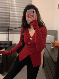 HUOLISI | Vintage Stylish Red V-Neck Irregular French Style Knit Sweater