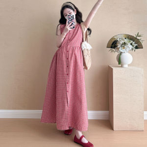 Pregnancy Friendly Sleeveless Checkered Korean Style A-line Dress