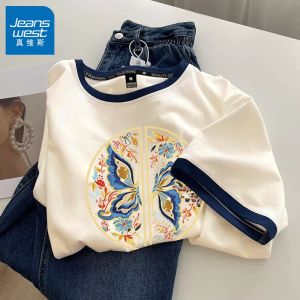 Jeanswest Pure Cotton Short Sleeve T-Shirt Womens Base Layer Color Block Summer Top Street Style Loose Fit Cartoon Print