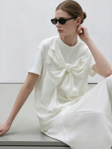 AMII | Round Neck Ruffled Texture Bow Off-shoulder Sleeve Cotton Womens T-Shirt