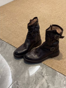 CAIZINI | Vintage Faux-Leather Round-Toe Zip-up Thick Heel Mid-Calf Ankle Boots
