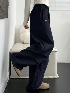 Quần Ống Rộng Cạp Cao Rộng Rãi Cho Nữ Màu Xanh Lam Dài Thường Ngày Quần Dài Công Sở Thoải Mái Không Cần Ủi