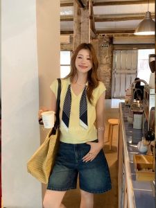 Áo Thun Dệt Kim Cổ Chữ V Tay Ngắn Mỏng Thời Trang Có Khăn Choàng Thon Gọn Đa Năng Giảm Tuổi Tác Mùa Hè Thường Ngày