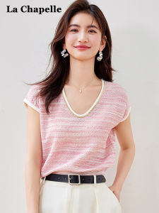 La Chapelle Womens Pink Short Sleeve Knitted Top Loose Fit Low round Neck Versatile Summer New Style Korean Version Slimming Effect